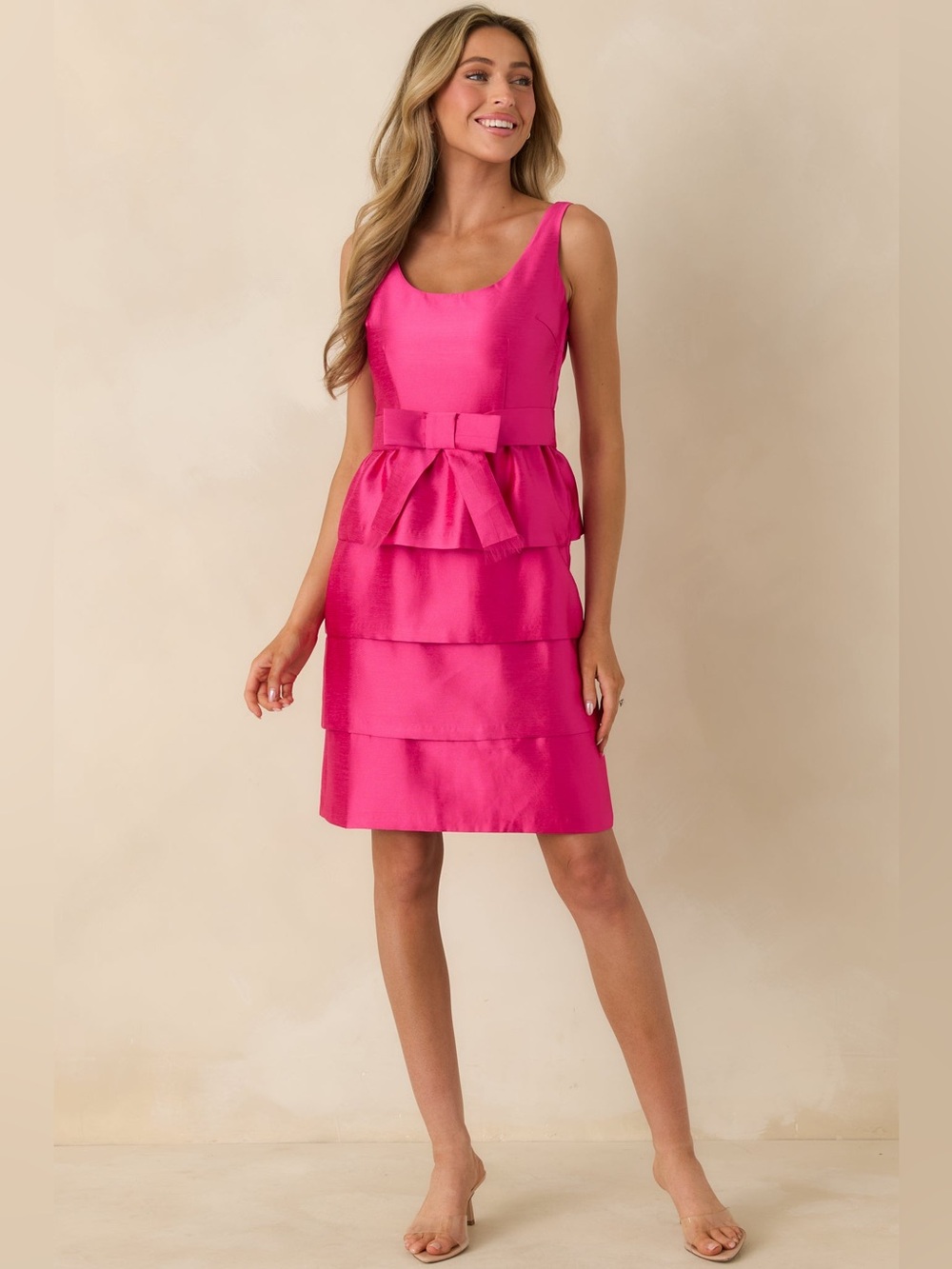 Prosperina Aveline Hot Pink Bow Mini Tiered Dress